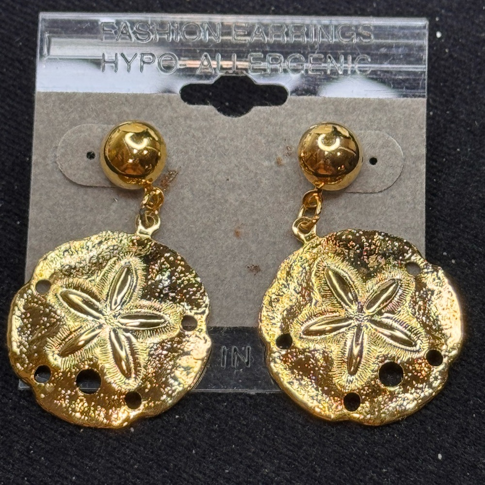 Fashion Earrings Gold Tone Sand Dollar Dangle Earrings, 2”